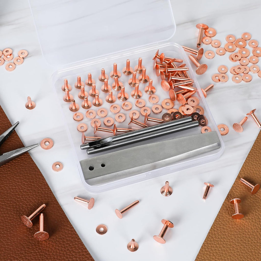 Funria 104PCS Copper Rivets for Leather 5 Size of Copper Rivets and Burrs Leather Rivets Kit with Setter Tool Rivets Fastener and Punch Leathercraft Supplies for Belts Wallets Collars DIY (50 Sets)