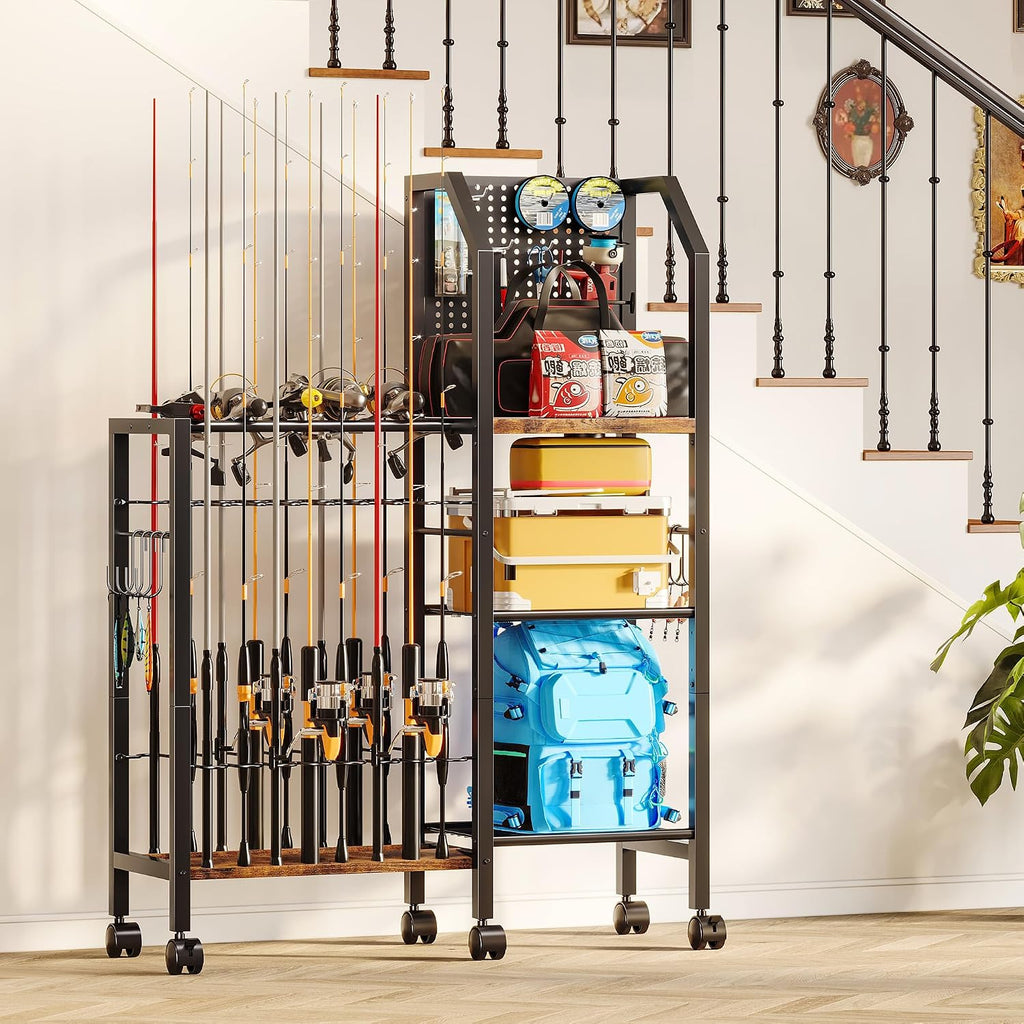 Fishing Rod Holders for Garage, Convenient Pegboard with 14 Long Utility Hooks, Fishing Rod Rack Up to 16 Rods, 3 Tier Fish Pole Stand with Fishing Reel Holders & 8 Hooks for Fishing Gear Accessories