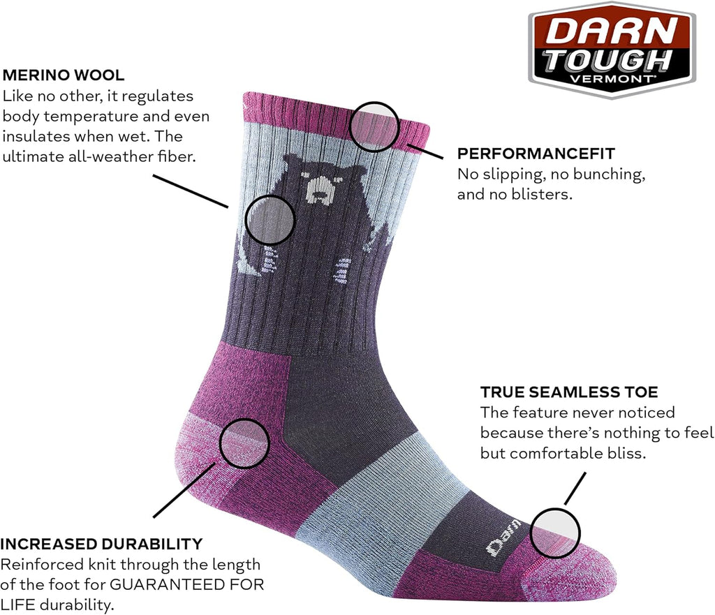 Darn Tough Women's Bear Town Micro Crew Lightweight with Cushion Sock (Style 1970) -