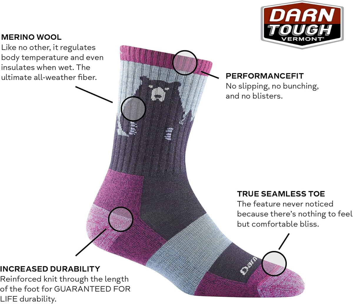 Darn Tough Women's Bear Town Micro Crew Lightweight with Cushion Sock (Style 1970) -