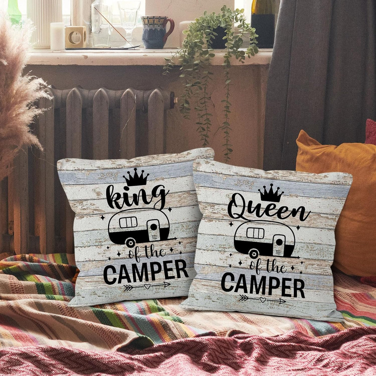 Camping Rv Pillow Covers 18x18 Set of 2, Camper Rv Decor, Camper Campsite Pillow Covers for Home Bedroom Couch,Camping Gifts for Couples