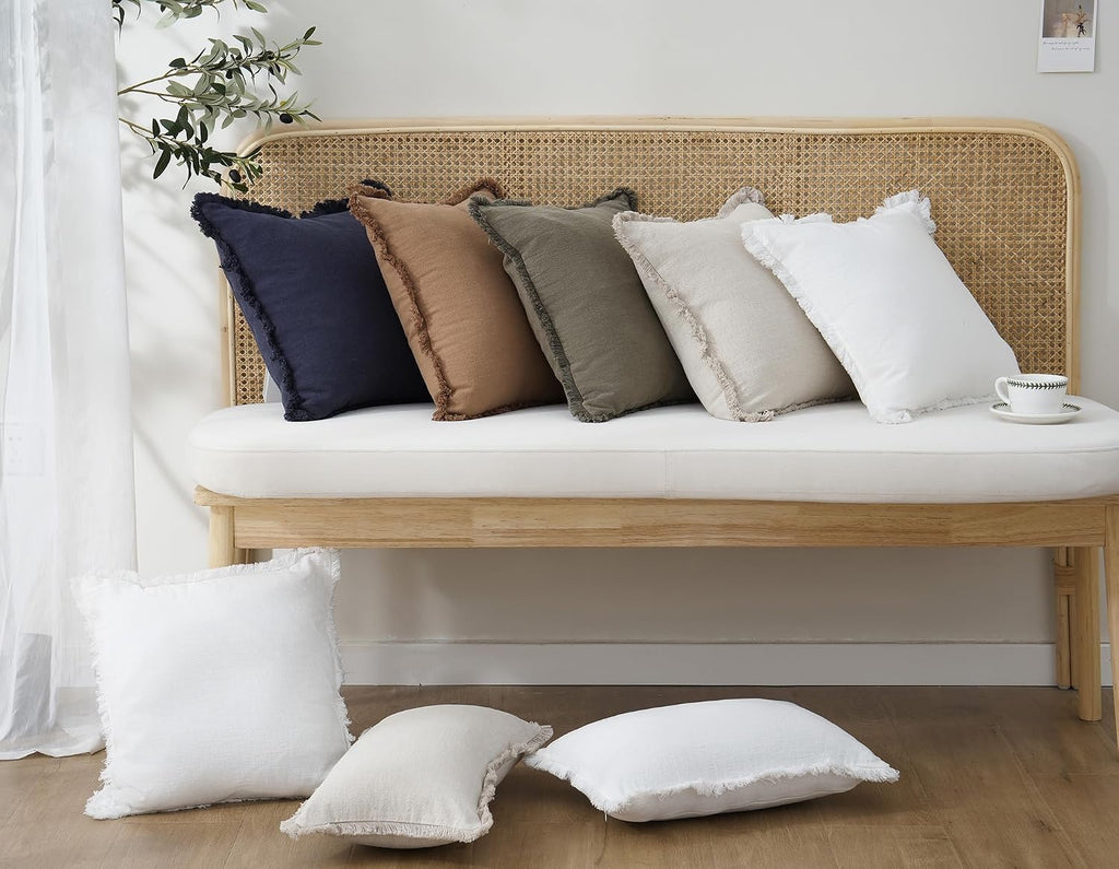 Foindtower Decorative Linen Fringe Throw Pillow Covers 20×20 Inch,Beige