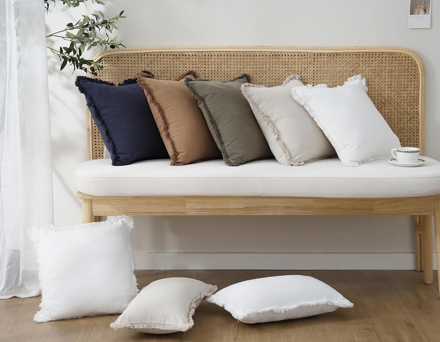 Foindtower Decorative Linen Fringe Throw Pillow Covers 20×20 Inch,Beige