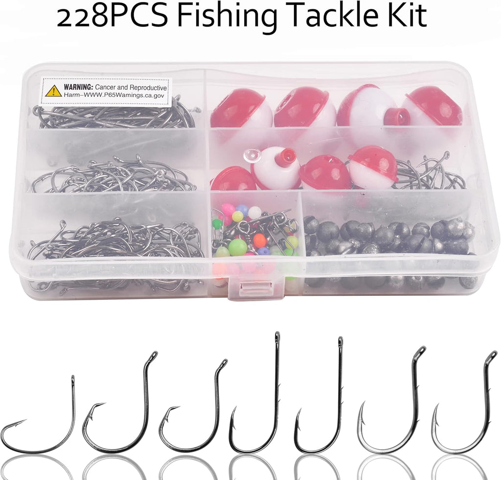 Fishing Bobbers Hooks Tackle Kit, 228pcs Basic Fishing Starter Kit Included Fishing Bobbers, Hooks, Weights Swivels Organized Fishing Tackle Box for Artificial and Live Baits Trout Panfish