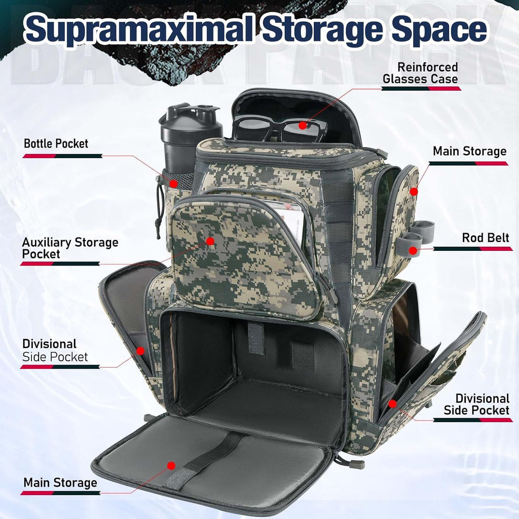 Piscifun Fishing Tackle Backpack with 2 Rod Holders, 4 Boxes & Rain Cover