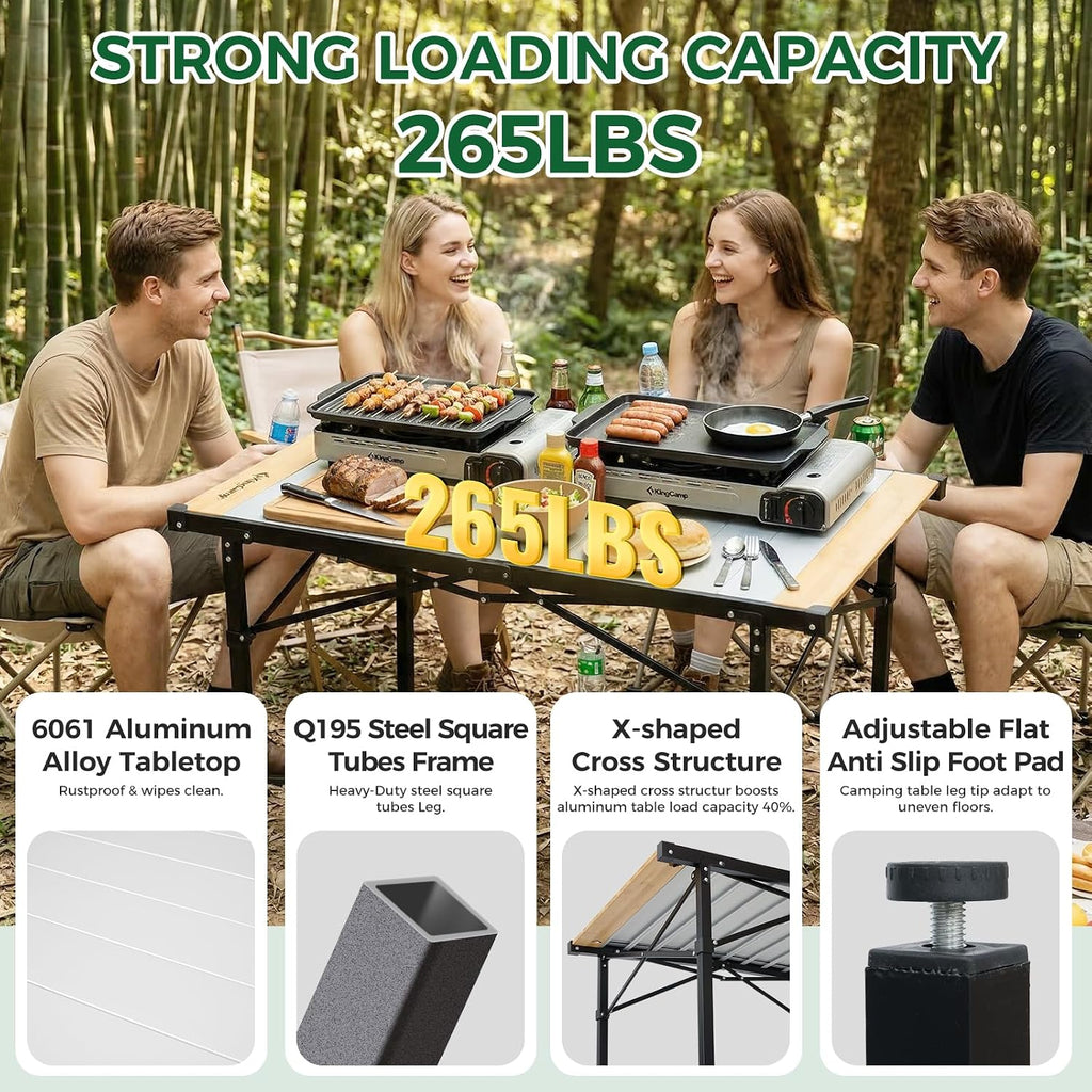 KingCamp 53.5" Bamboo Aluminum Camping Table, 265 LBS Roll-Up Table