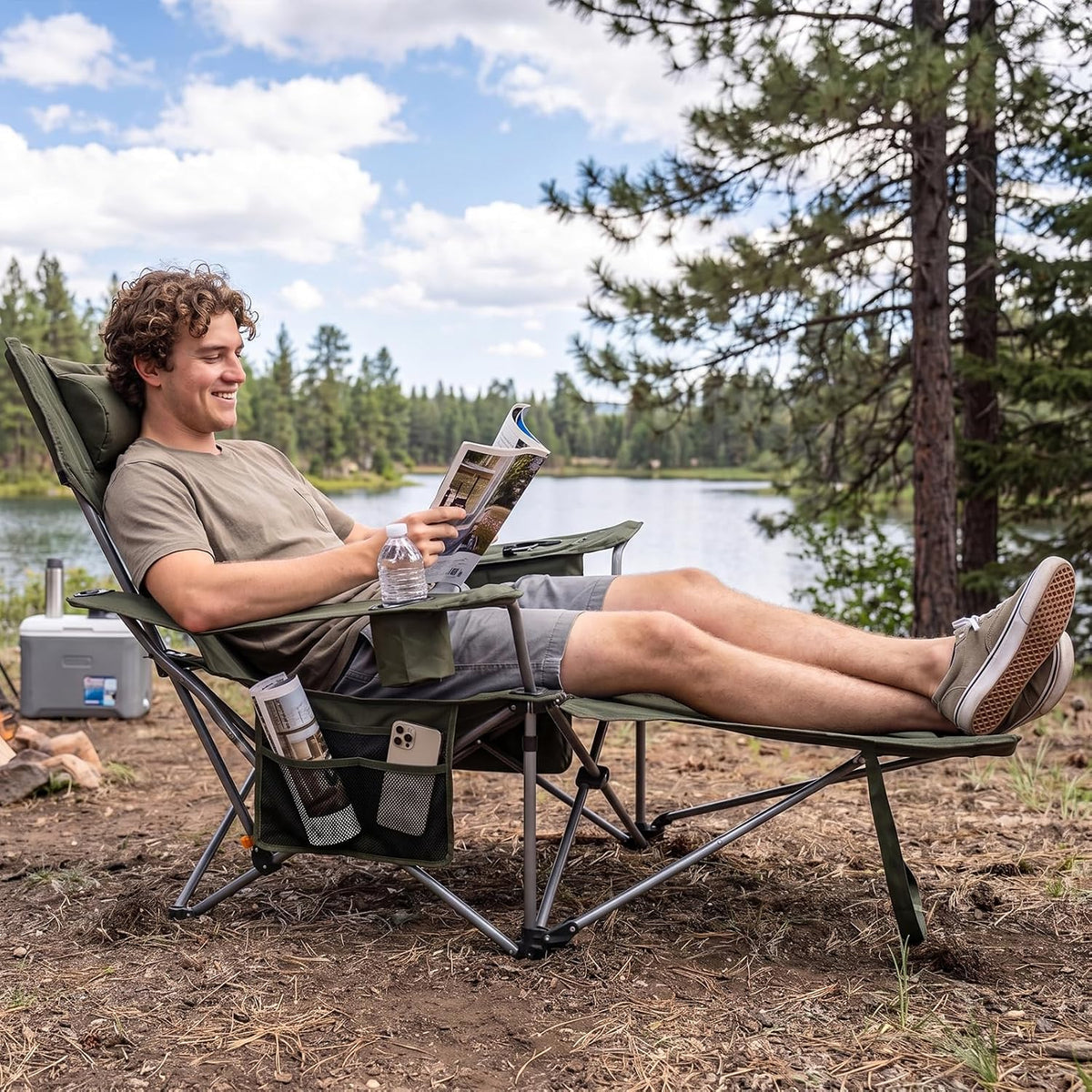 Romswi 2Pack 4-Position Reclining Camping Chair with Removable Footrest, 2-in-1 Adjustable Portable Lounge Chair with Cooler Bag, Cup Holder, Side Pockets & Carry Bag for Outdoor, Olive Green