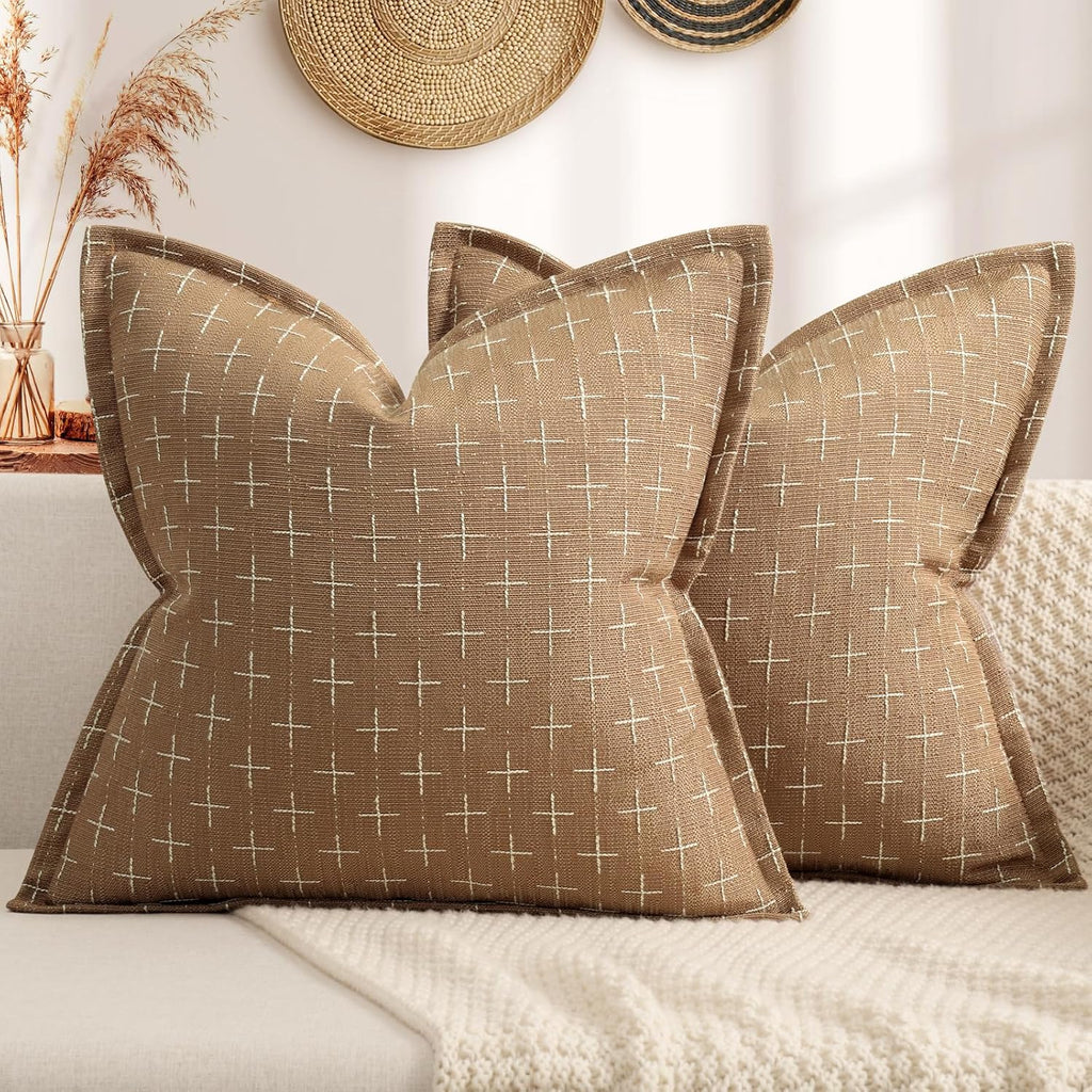 ZWJD Throw Pillow Pillow Covers 18x18 Set of 2 Soft Polyester Textured Pillow Covers with Stylish Flange Edge Cozy Farmhouse Throw Pillows for Couch Bed Sofa Living Room Camel