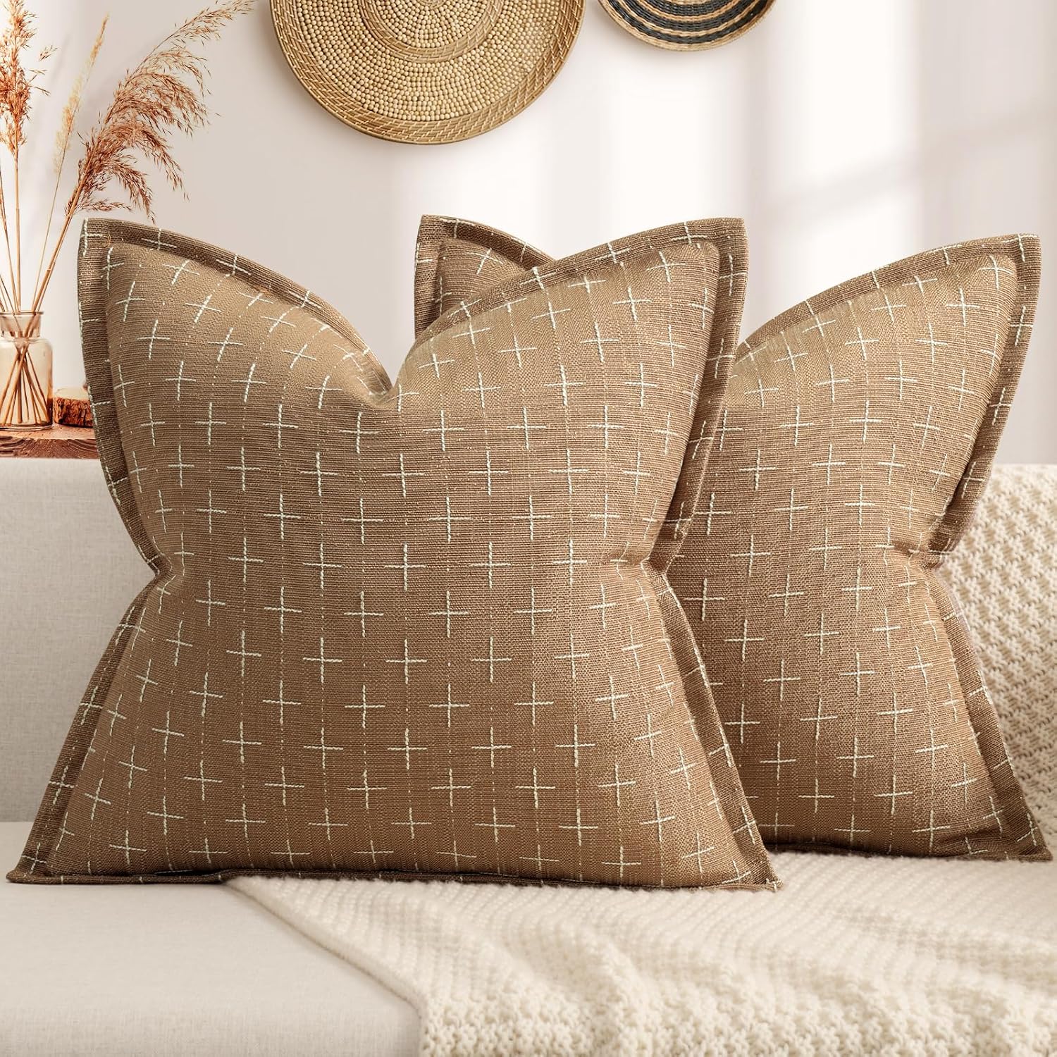 ZWJD Throw Pillow Pillow Covers 18x18 Set of 2 Soft Polyester Textured Pillow Covers with Stylish Flange Edge Cozy Farmhouse Throw Pillows for Couch Bed Sofa Living Room Camel