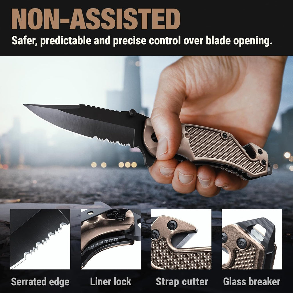 GOOD WORKER Legal Pocket Knife with 2.95” Serrated Blade, Glass Breaker, Seat Belt Cutter - EDC Sharp Folding Knives with Portable Clip - Small Tool for Tactical Camping Survival Hiking - Gifts for Men, Women