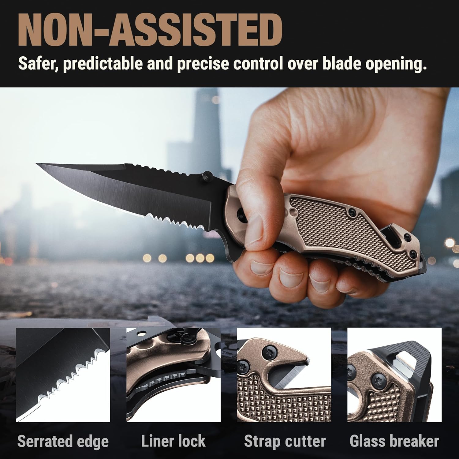 GOOD WORKER Legal Pocket Knife with 2.95” Serrated Blade, Glass Breaker, Seat Belt Cutter - EDC Sharp Folding Knives with Portable Clip - Small Tool for Tactical Camping Survival Hiking - Gifts for Men, Women