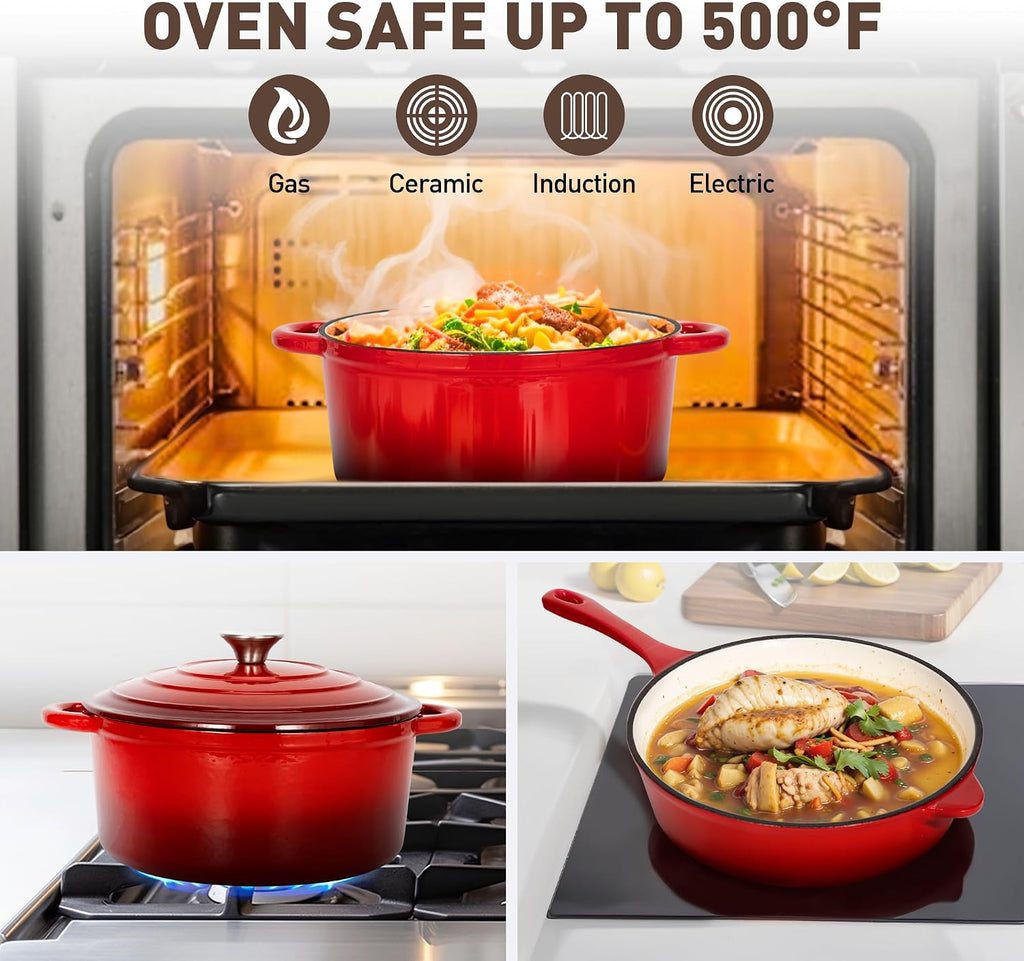 MAISON ARTS 7 Piece Enameled Cast Iron Pots and Pans Set, Red
