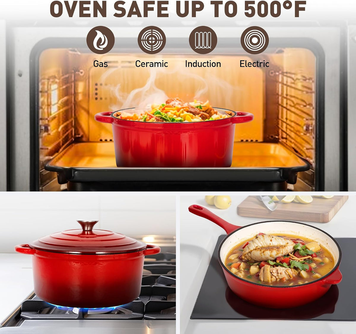 MAISON ARTS 7 Piece Enameled Cast Iron Pots and Pans Set, Red
