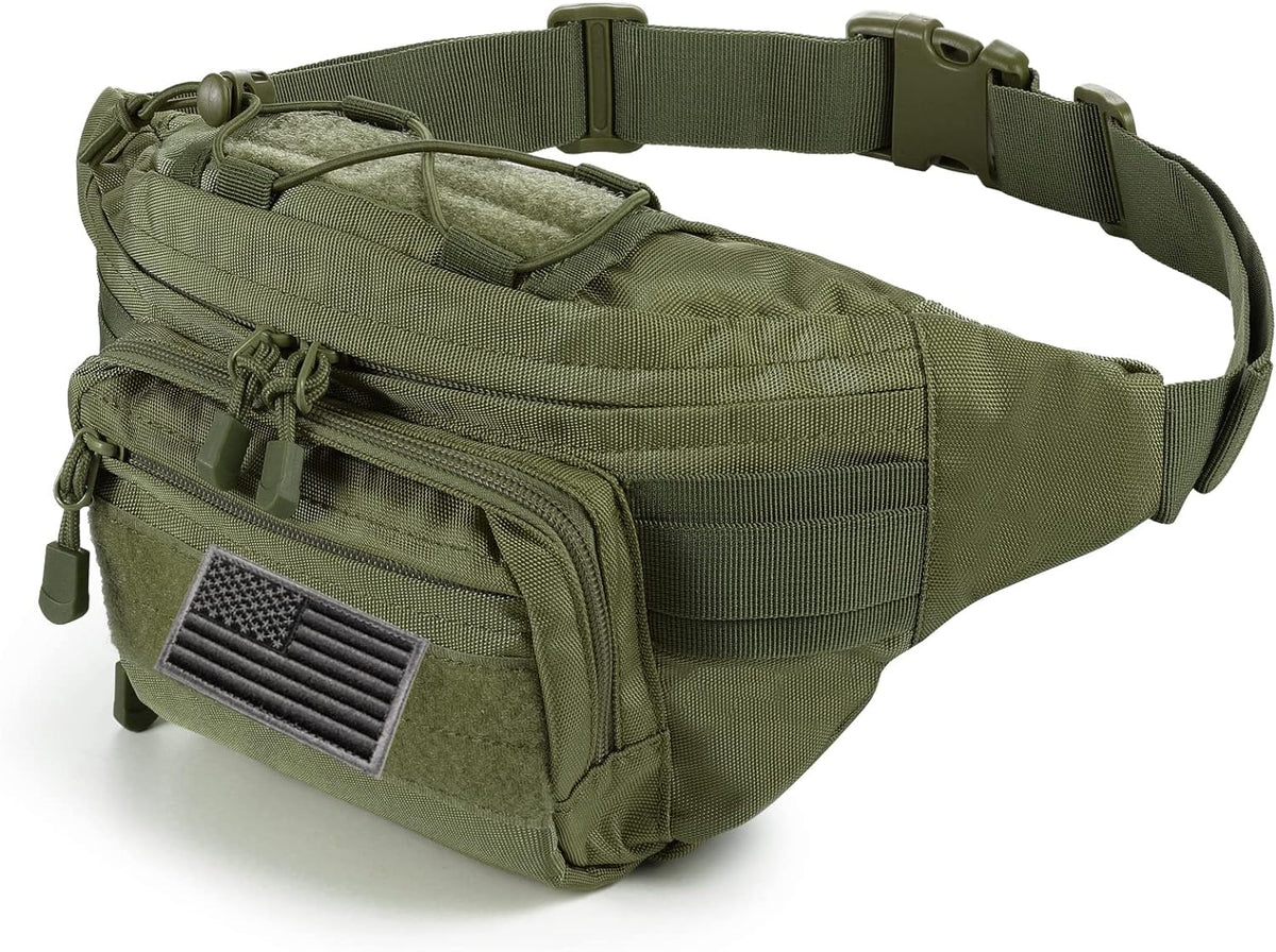 FRTKK Tactical Fanny Pack Military Waist Bag Pack with USA Flag Patch Utility Hip Pack with Adjustable Strap for Outdoors Fishing Cycling Camping Hiking Dog Walking (Army green 2)
