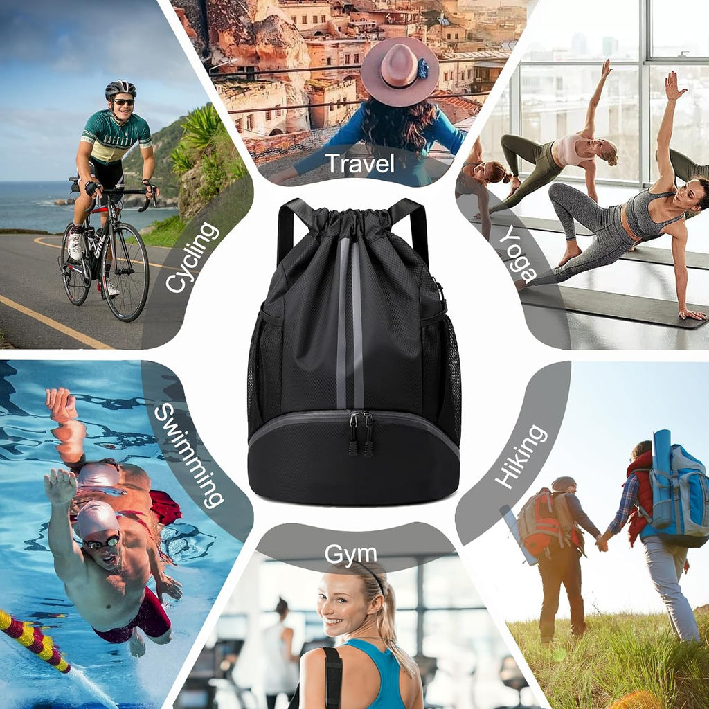 Hoedia Sports Drawstring Backpack - Swim Gym Bag for Women and Men