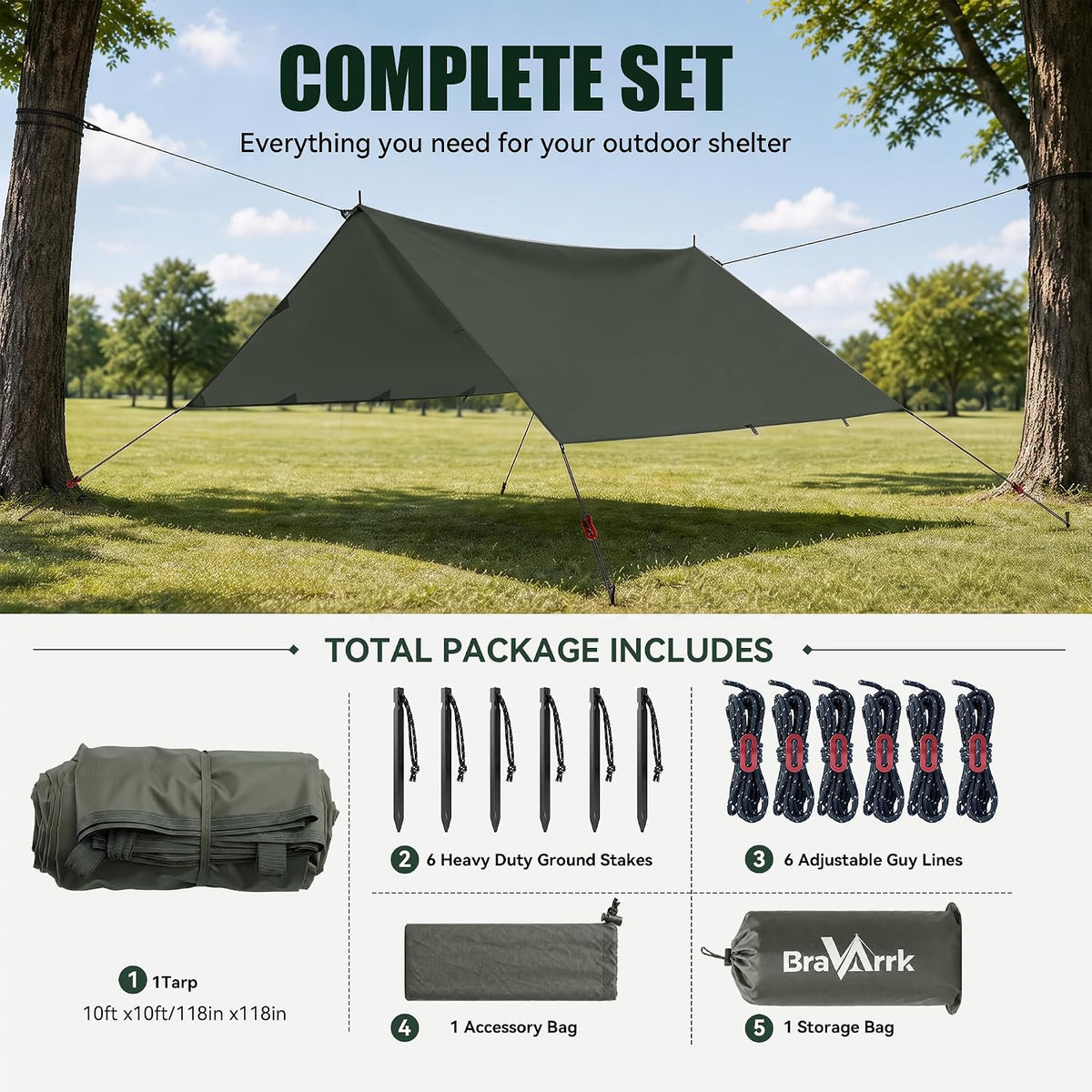 Waterproof Camping Tarp Shelter Awning Hammock Tarp 10x10Ft