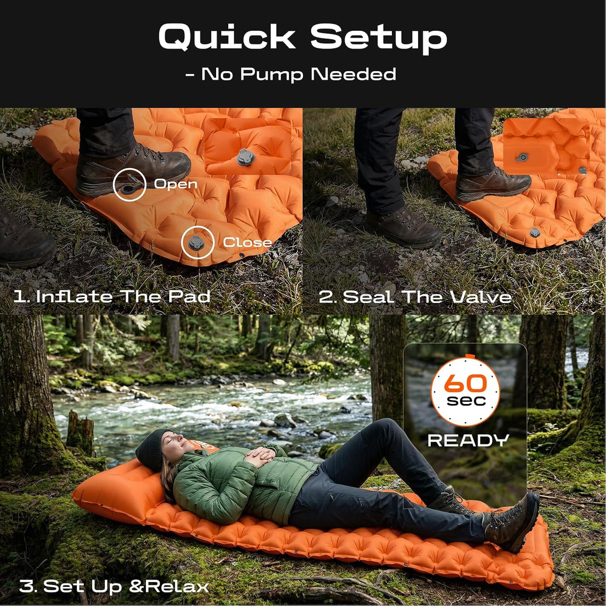 CKG Camping Sleeping Pad with Thermal Barrier, Ultralight Camping Mat 4in Thick with Pillow, Built-in Foot Pump Self Inflating Sleeping Pad for Hiking Tent Road Trip Car Camp Travel Gear, Orange