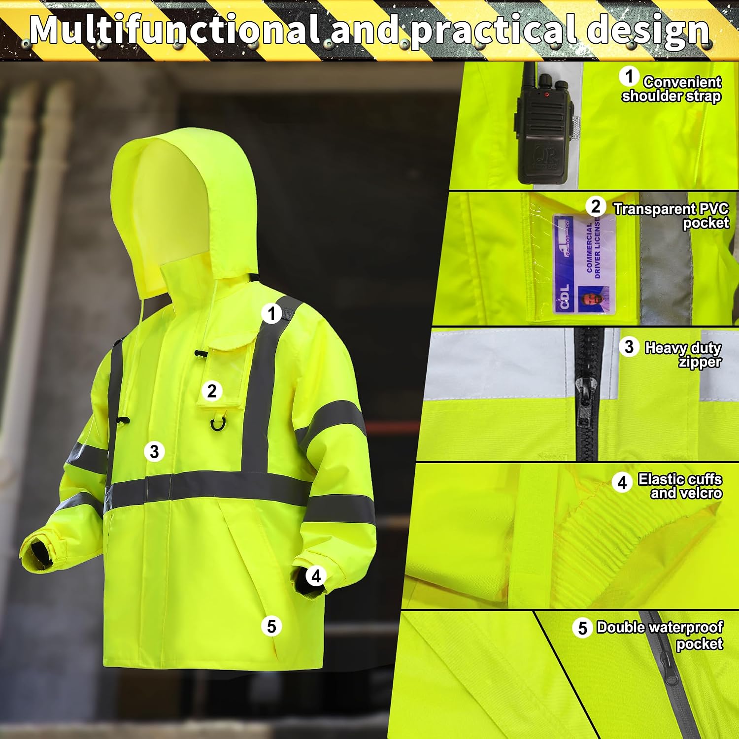 Rain Suits for Men Waterproof，Class 3 Hi Vis Rain Gear with Collapsible Hood， Breathable Safety Rain Jacket with Inner Mesh Lining and pocket，Reflective Waterproof Pants S/M