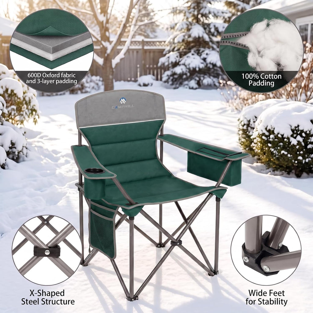 Heated Camping Chairs 2 Pack - Heavy Duty 400LBS Padded Lawn Chair with Cup Holder,Side Pocket,Collapsible for Outdoor,Camp,Fishing & Garden,Dark Green,Battery NOT Included