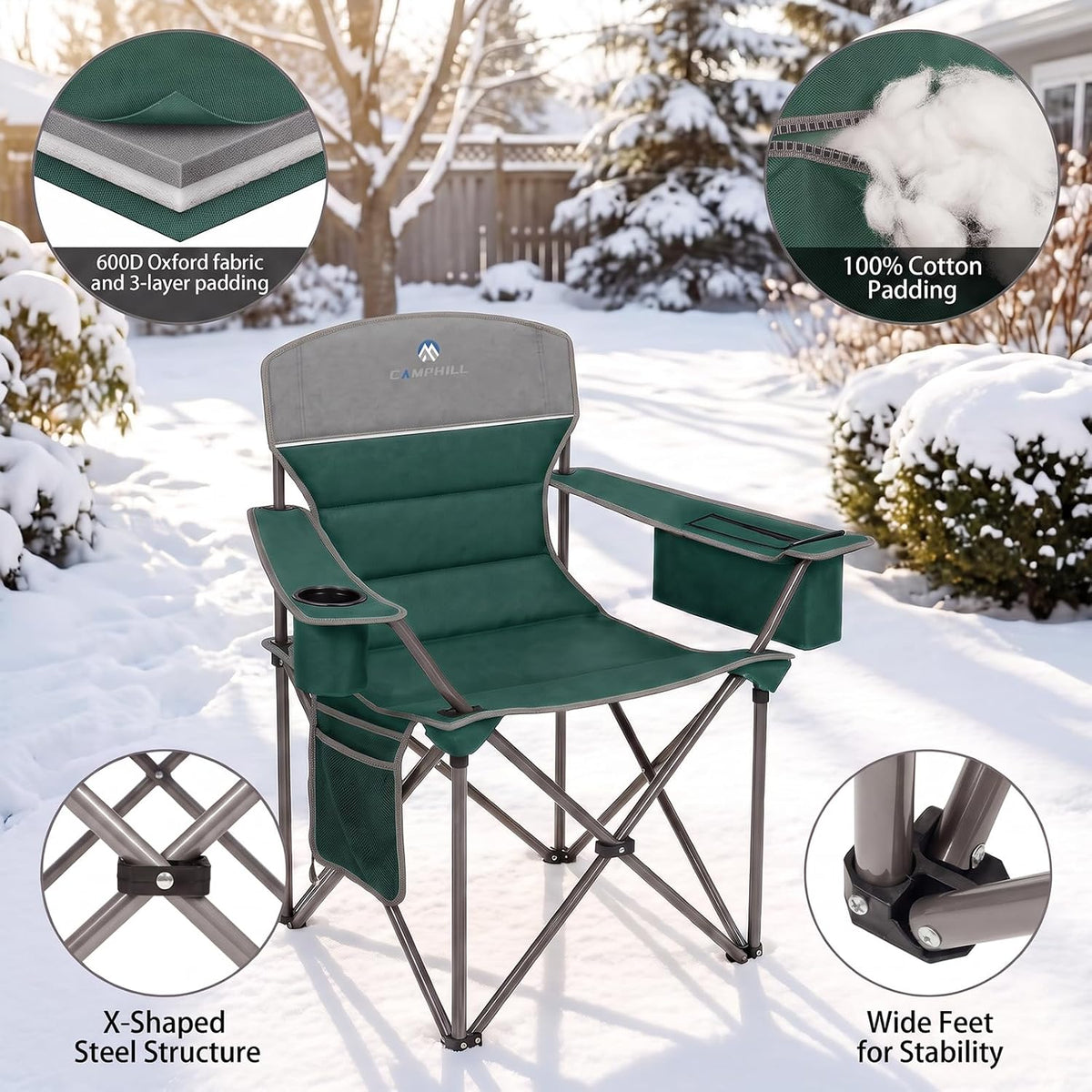 Heated Camping Chairs 2 Pack - Heavy Duty 400LBS Padded Lawn Chair with Cup Holder,Side Pocket,Collapsible for Outdoor,Camp,Fishing & Garden,Dark Green,Battery NOT Included