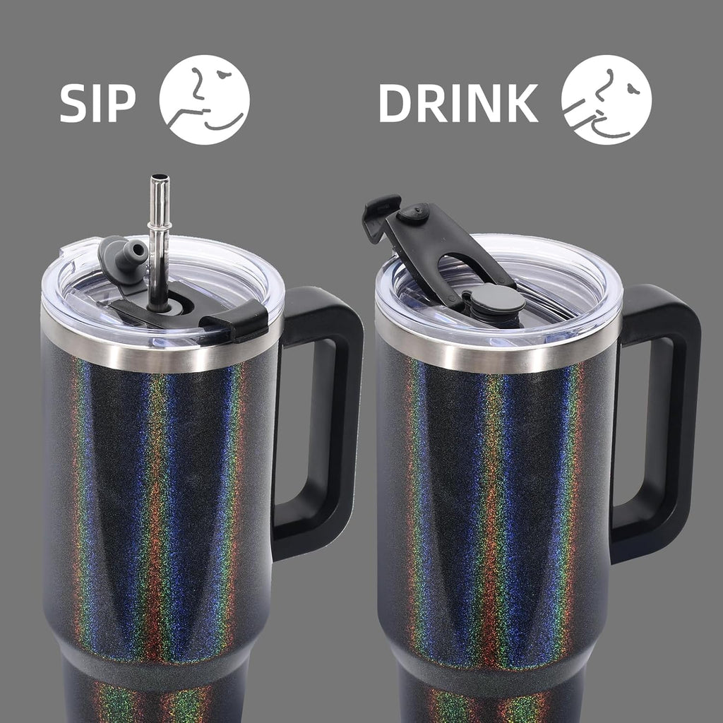 40 oz Shiny Tumbler with Handle and Straw,Stainless Steel Tumbler with Lid and Straw,Insulated Travel Mug(Cold for 34 Hours),Water Bottle for Iced Tea,Coffee (Black)