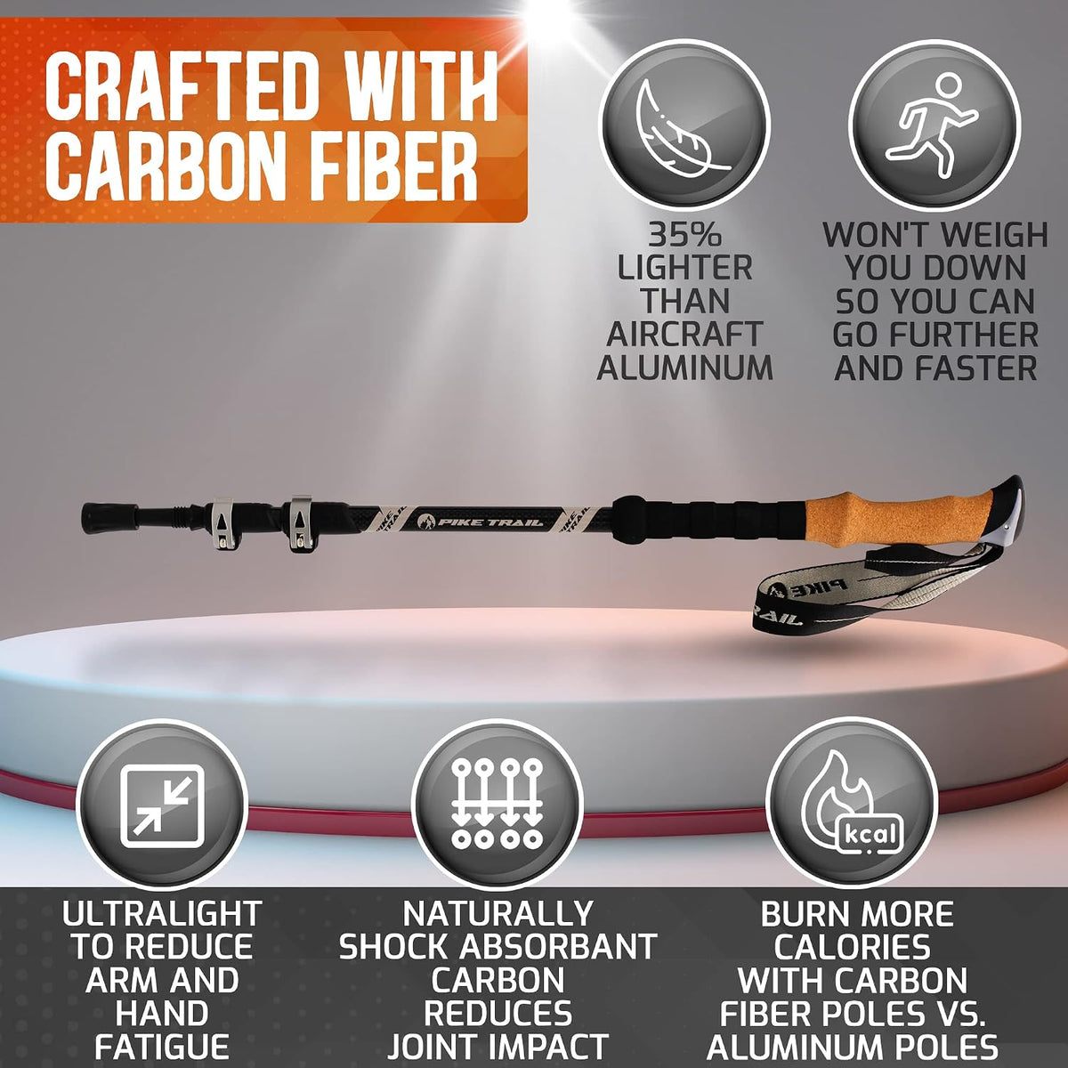 Pike Trail Trekking Poles - Lightweight Carbon Fiber Collapsible Sticks for Walking and Hiking - for Men and Women - Adjustable Height and Retractable Design - Carry Bag and Attachments Included