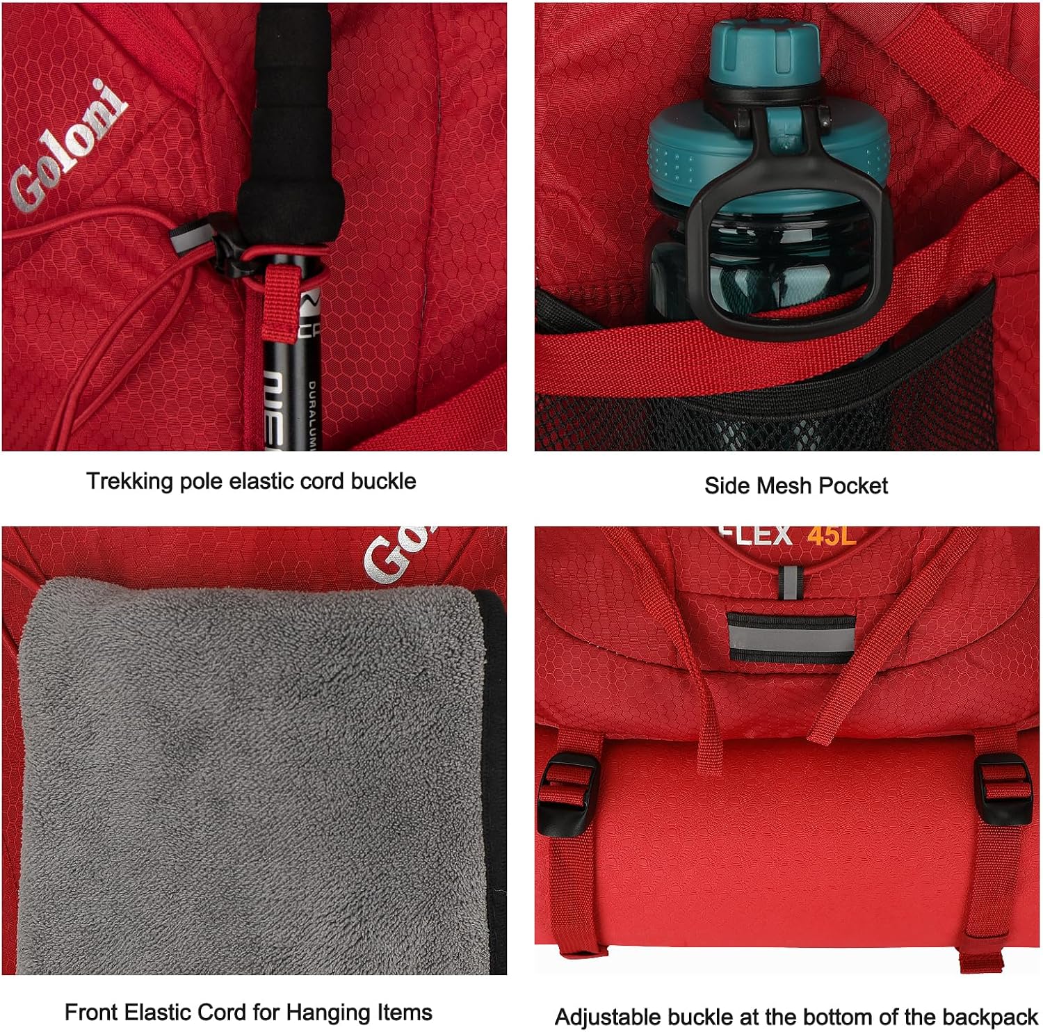 Goloni 45L Hiking Backpack Lightweight Foldable, Waterproof Camping Backpack with Rain Cover & Hiking Pole Mat Carrying System, Ergonomic Water Resistant Daypack for Trekking Travel Men Women Red