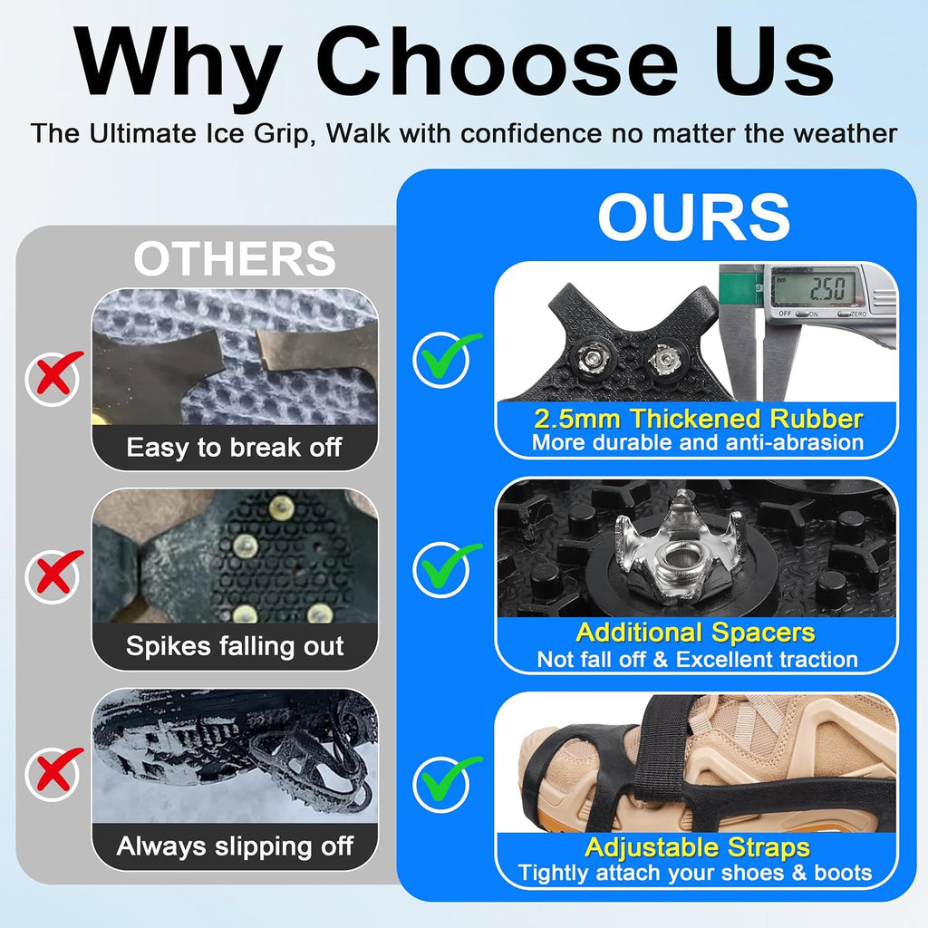 Ice Snow Cleats for Shoes and Boots 9 Studs Crampons Shoe Spikes for Snow and Ice Non-Slip Ice Shoes Grippers with Adjustable Straps Overshoe for Women Men Kids Hiking Walking Ice Fishing