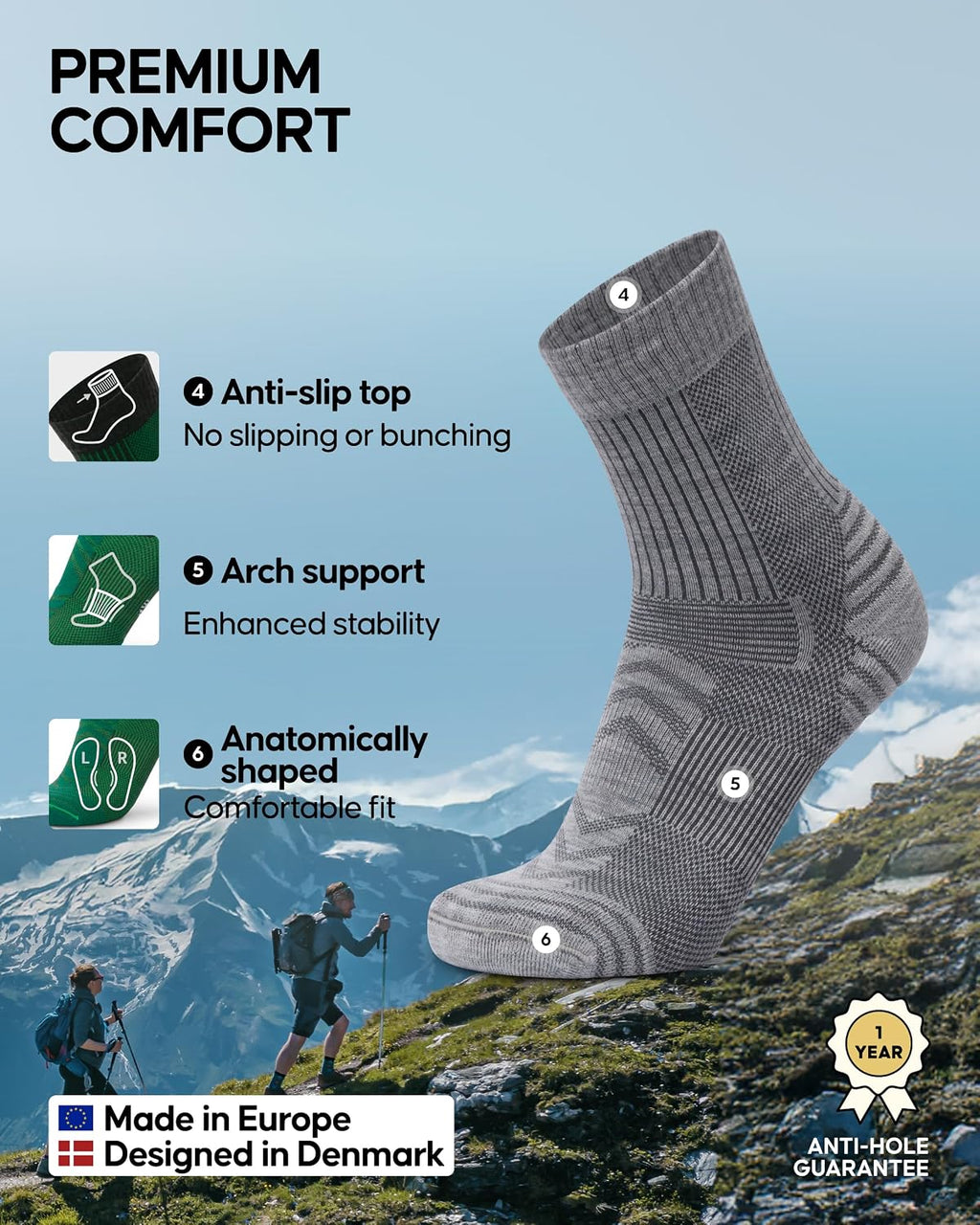 DANISH ENDURANCE Merino Wool Hiking Socks, Lightweight, 3 & 5-Pack