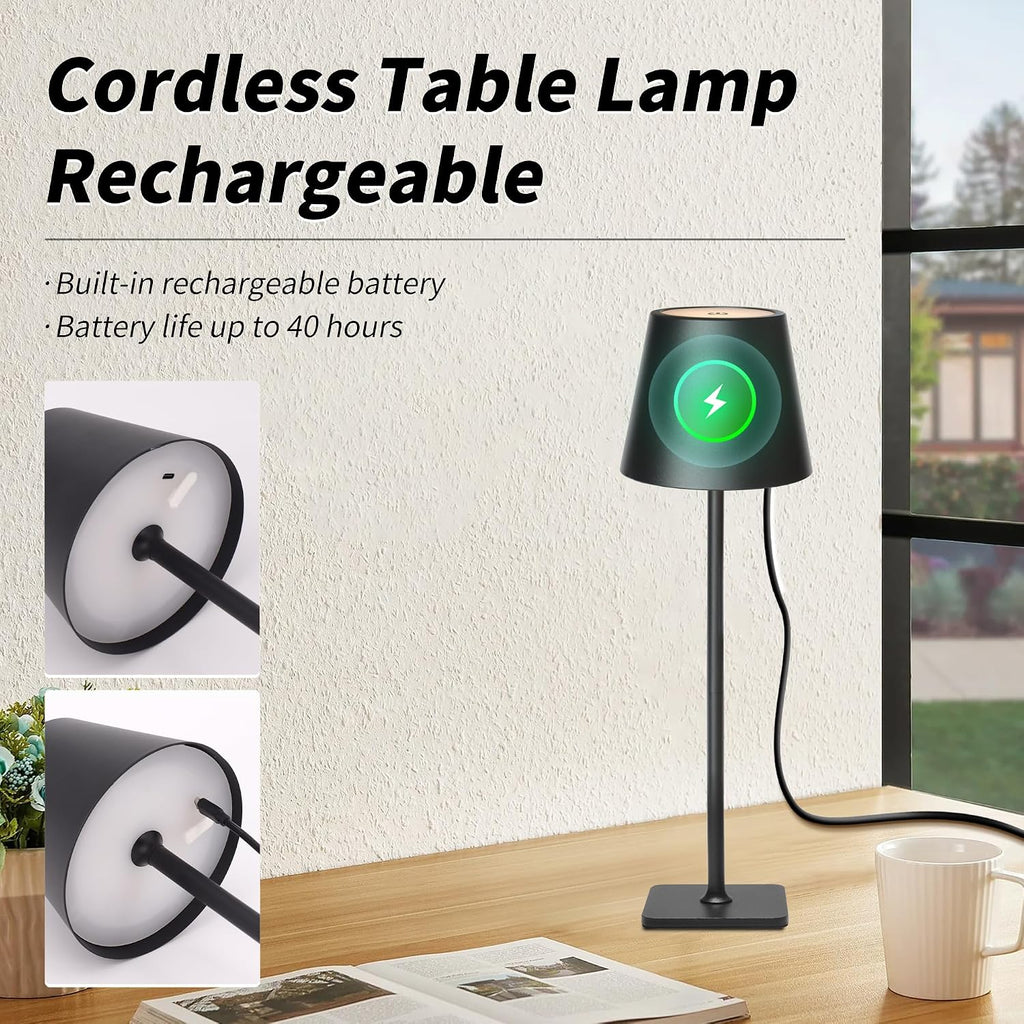 Mr. White Outdoor Waterproof Cordless Set of 2 Rechargeable Portable Top Touch Battery Operated Powered LED Table Lamp Desk Lamp Lights for Restaurant Kitchen Patio Dinner Dining (Black 2 Pack)