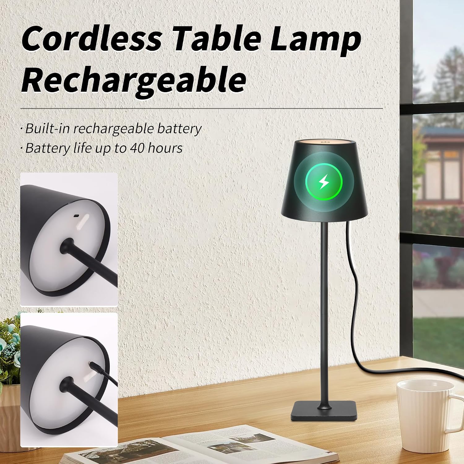 Mr. White Outdoor Waterproof Cordless Set of 2 Rechargeable Portable Top Touch Battery Operated Powered LED Table Lamp Desk Lamp Lights for Restaurant Kitchen Patio Dinner Dining (Black 2 Pack)