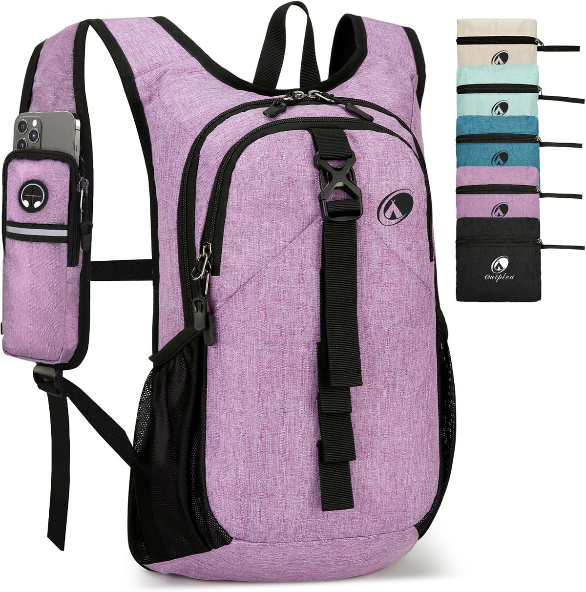 Folding Hiking Backpack with Phone Pocket for Men Women, Small Ultralight Packable Casual Daypack with Shoulder Chest Straps for Travel, 15L Foldable Lightweight Day Pack, Purple