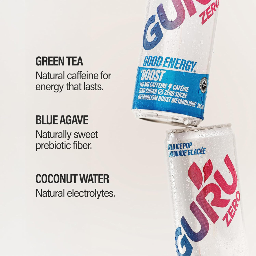 GURU Zero Sugar Organic Energy Drink, Ice Pop, 12 Fl Oz, 24 Pack