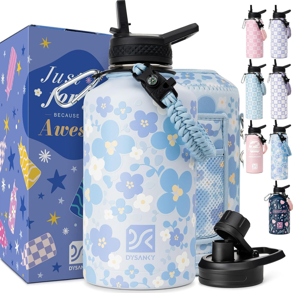 DYSANKY Insulated Water Bottle w/Straw Lid & Portable Carrier Bag, 64oz