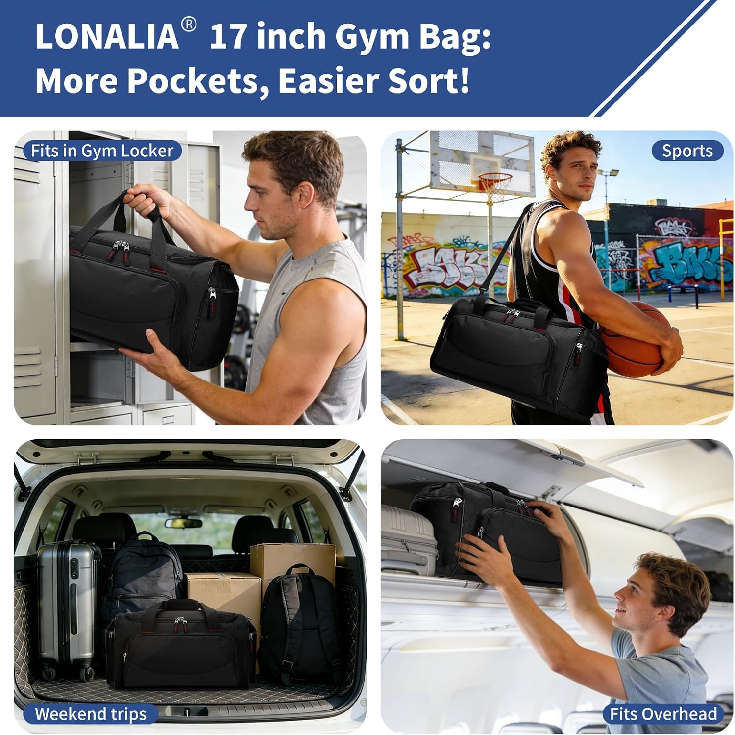 30L Gym Sport Duffle Bag, 17 inch, Black