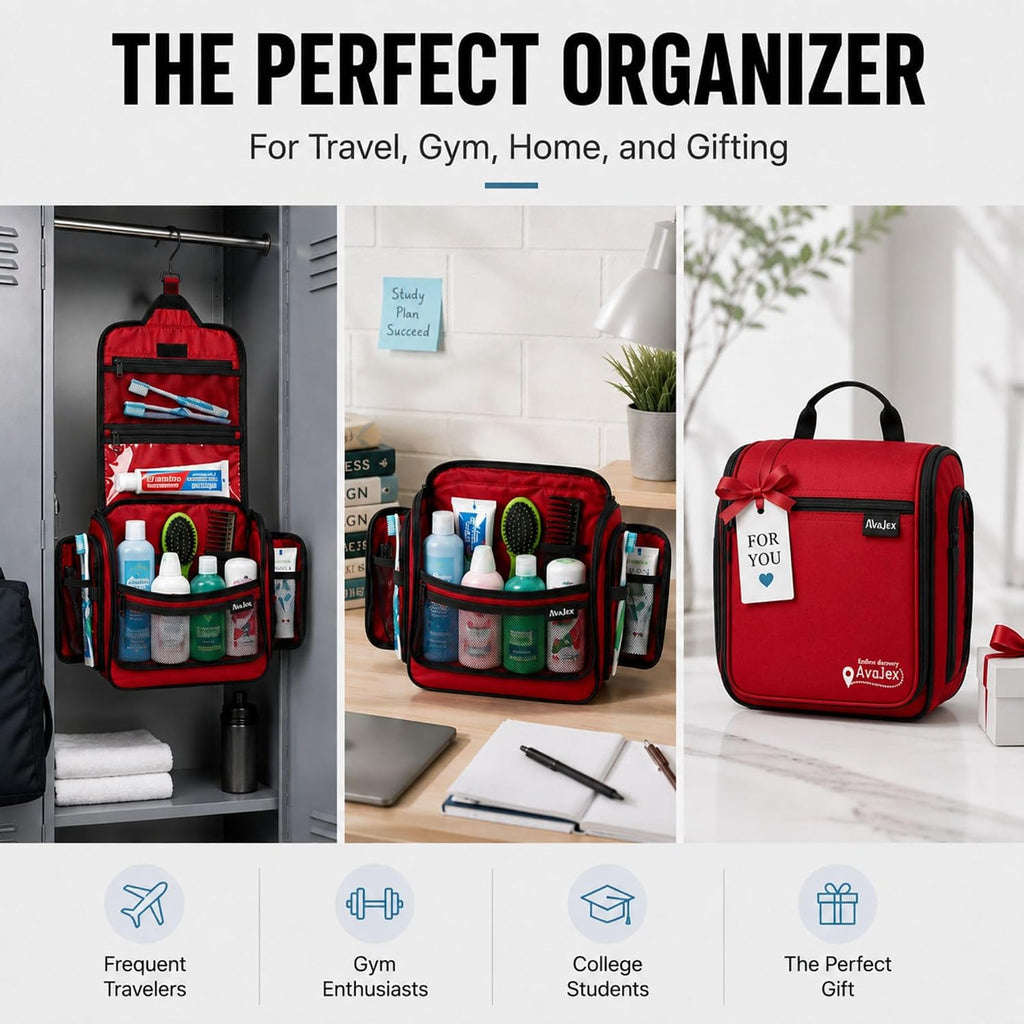 Travel Toiletry Bag for Men and Women - Large Hanging Toiletry Organizer - Waterproof Hygiene Bag with Metal XXL Swivel Hook, with Sturdy Zippers and 19 Compartments for Toiletries, Makeup, Cosmetics