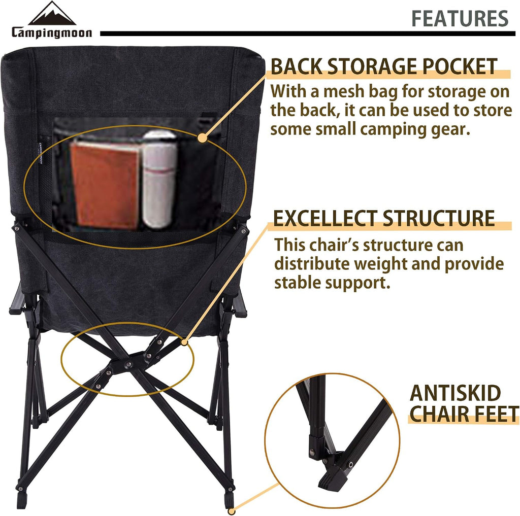 CAMPINGMOON Foldable Cotton Canvas Camping Chair Campfire High Back Low Style Relaxing Chair Black F-1002C-BK