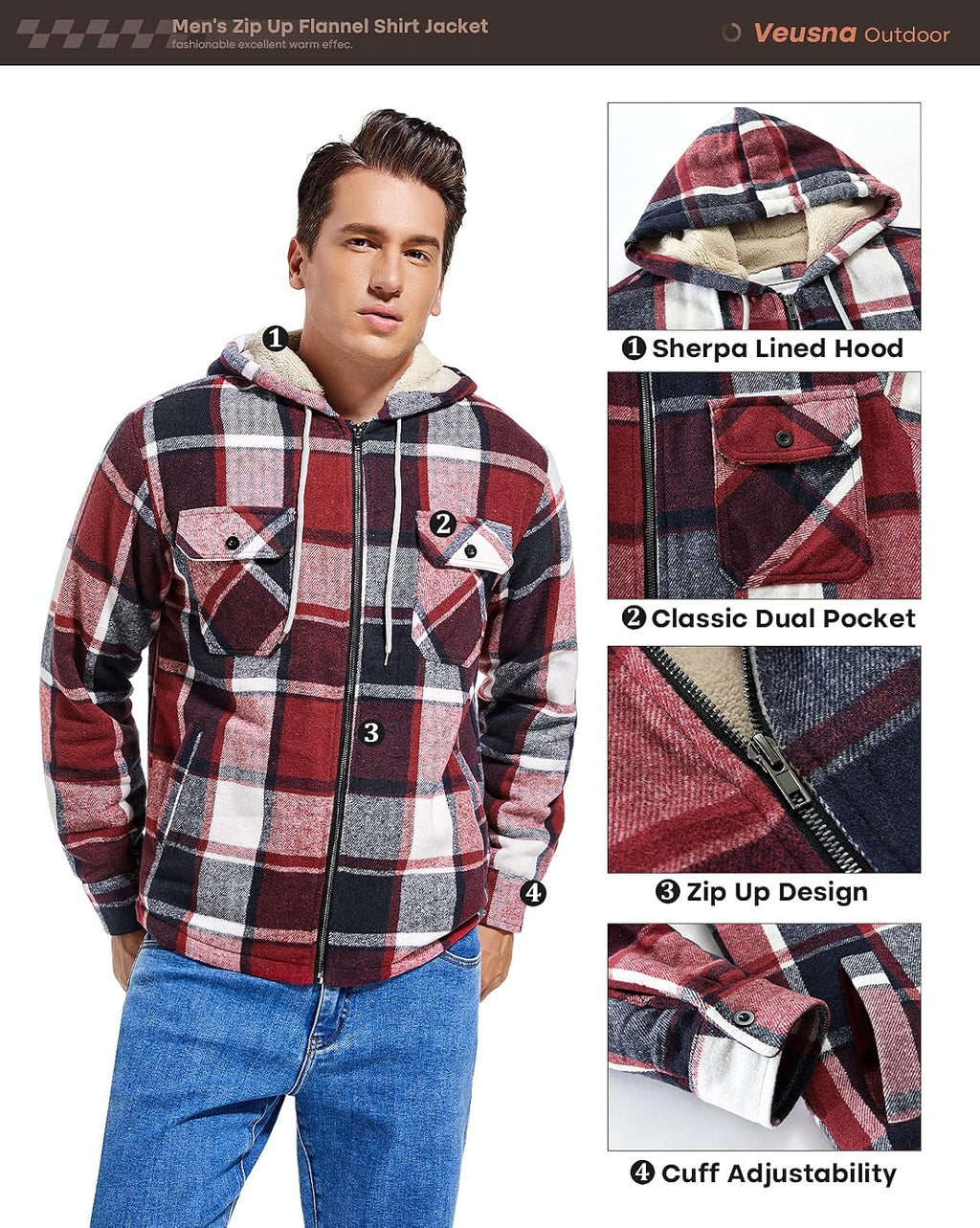 Men's Zip Up Flannel Shirt Jacket Fleece Lined with Hood
