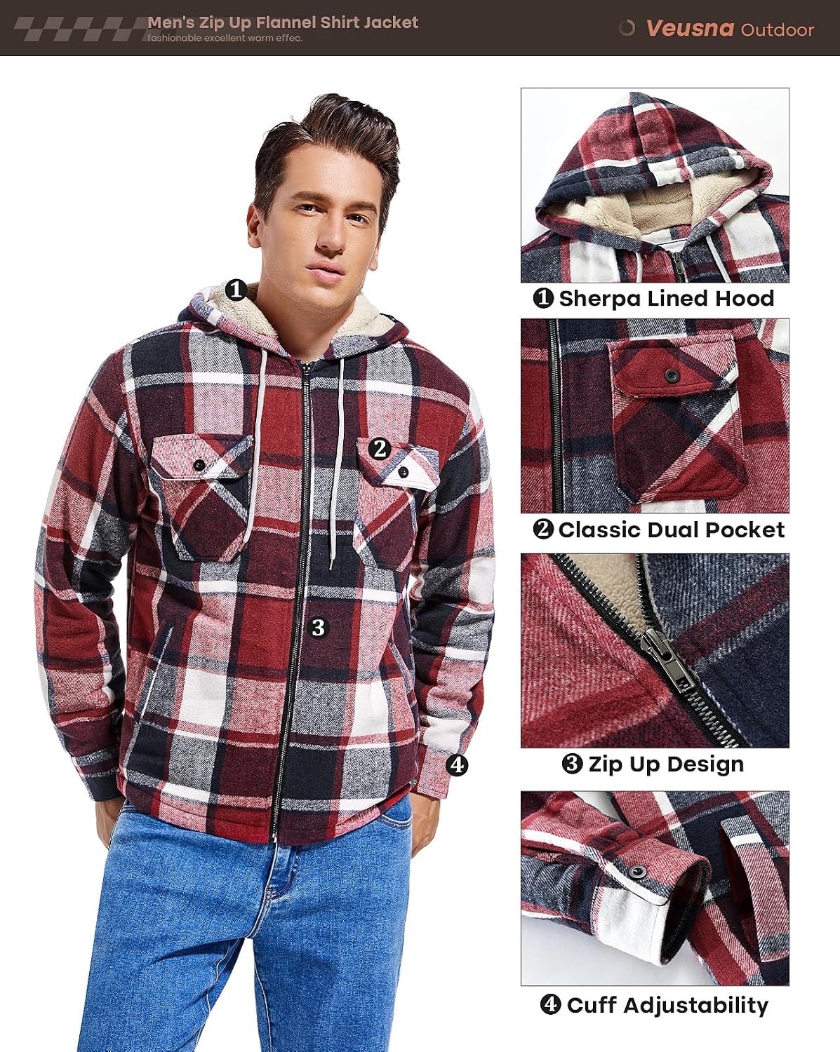 Men's Zip Up Flannel Shirt Jacket Fleece Lined with Hood