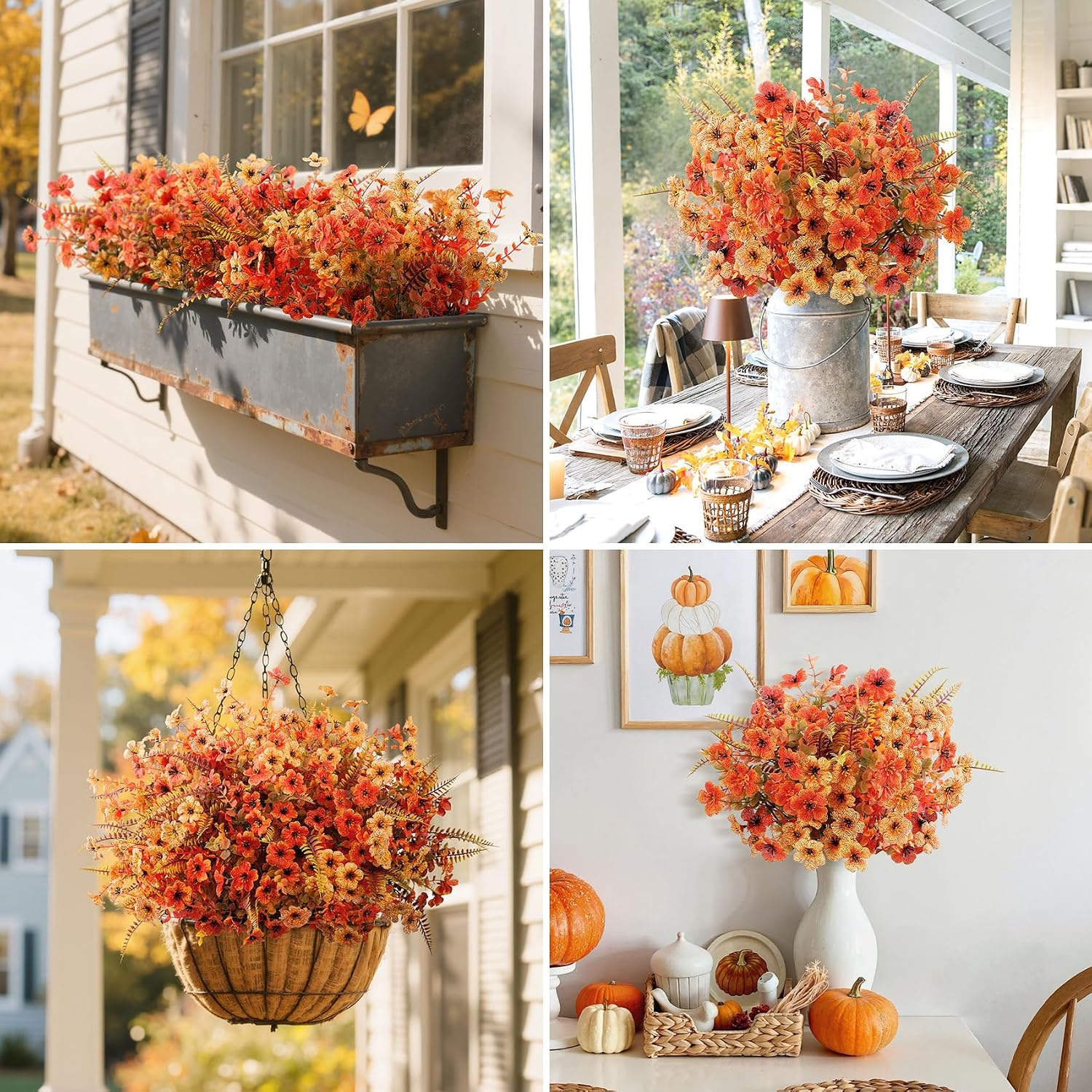 20 Pcs Artificial Fall Flowers for Outdoors Fake Mums, Mixed Orange