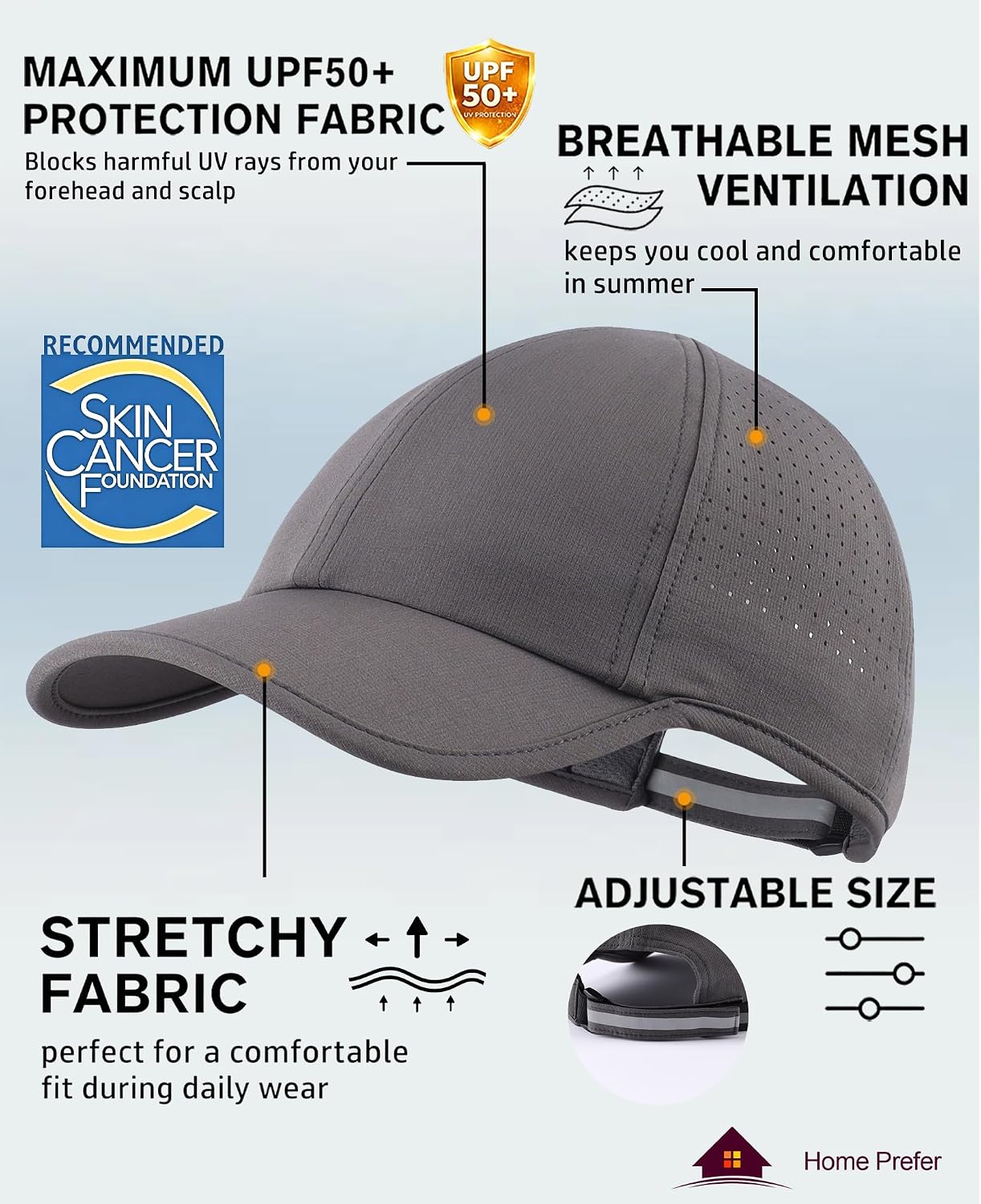 Home Prefer UPF50 Sun Hat for Men Women Reflective Water Repellent Quick Dry Baseball Cap Golf Running Outdoor Sport Hat