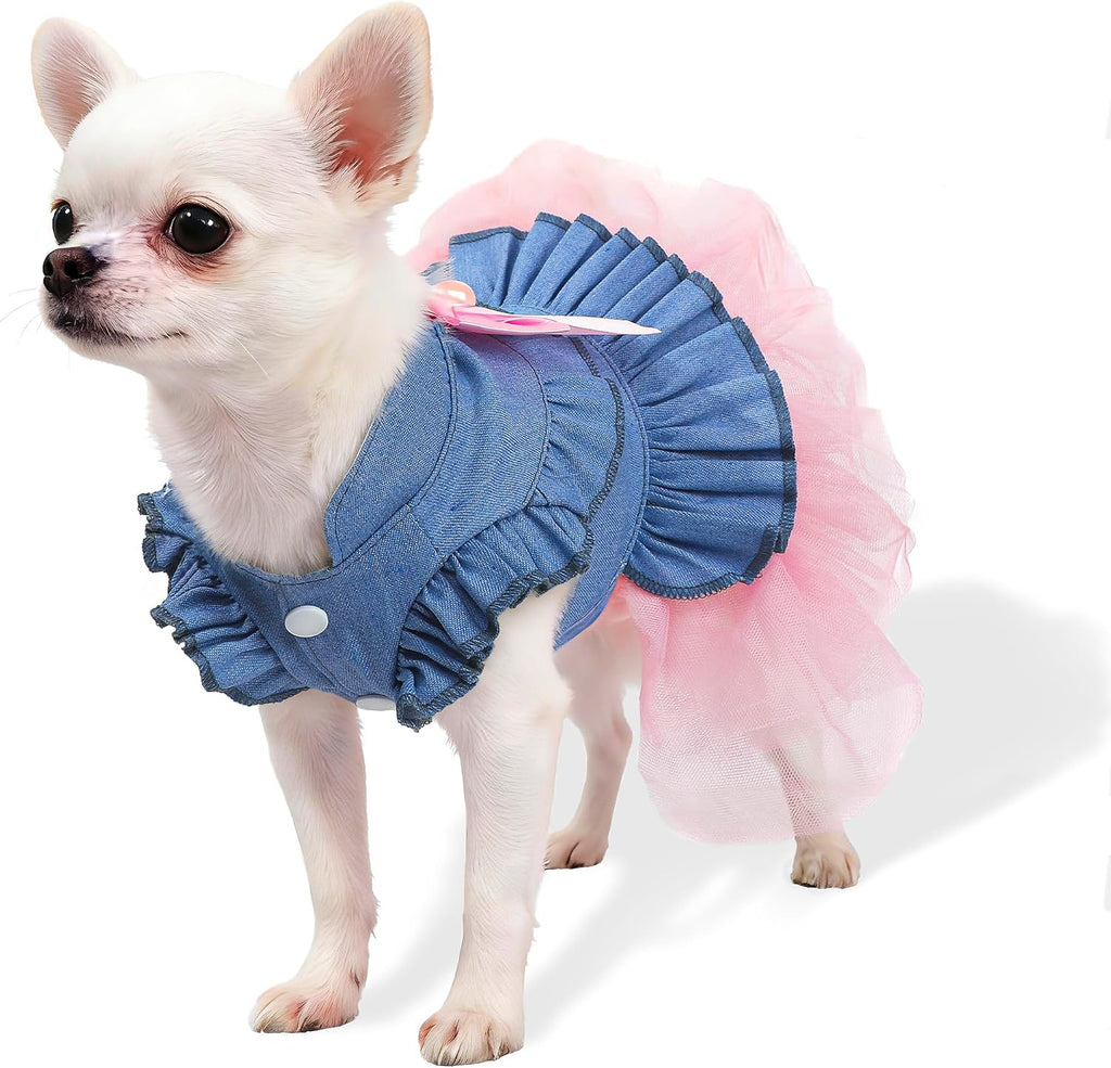 Dog Dress, Fashion Puppy Tutu Princess Dresses for Small Dogs Girl, Sweet Skirt with Dog Bowknot Clips, Spring Dog Cat Clothes Pet Apparel (Denim Princess Dress, XX-Small)