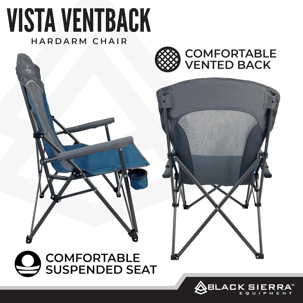 Black Sierra Ventilated Camping Chair, Breathable Mesh Back Folding Seat with Padded Armrests, Lightweight, Portable with Cup Holder & Carry Bag for Outdoors, Beach, Sports, Lawn, Picnic