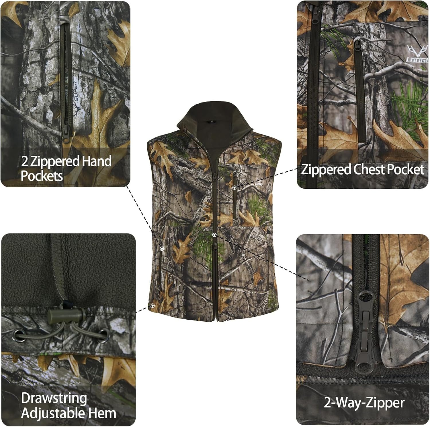 LOOGU Mens Camo Hunting Vest Water-Resistant Sleeveless Jacket with Pockets for Outdoor Fishing Hiking
