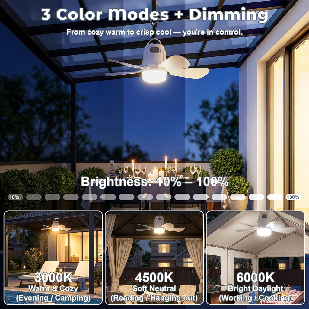 Battery Operated Outdoor Ceiling Fan, 20000mAh Portable Canopy Fan with Light, Remote & Hanging Hook, 3000k-6000k Dimmable Rechargeable Ceiling Fan for Tent, Gazebo, Patio, Camping (20'')