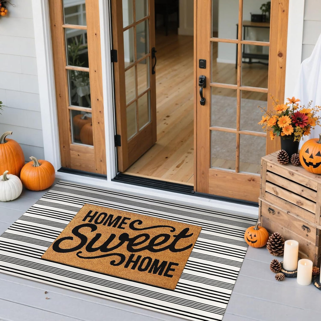 Fall Front Door Mat 2'x4.3', Cotton Washable Striped Outdoor Rug