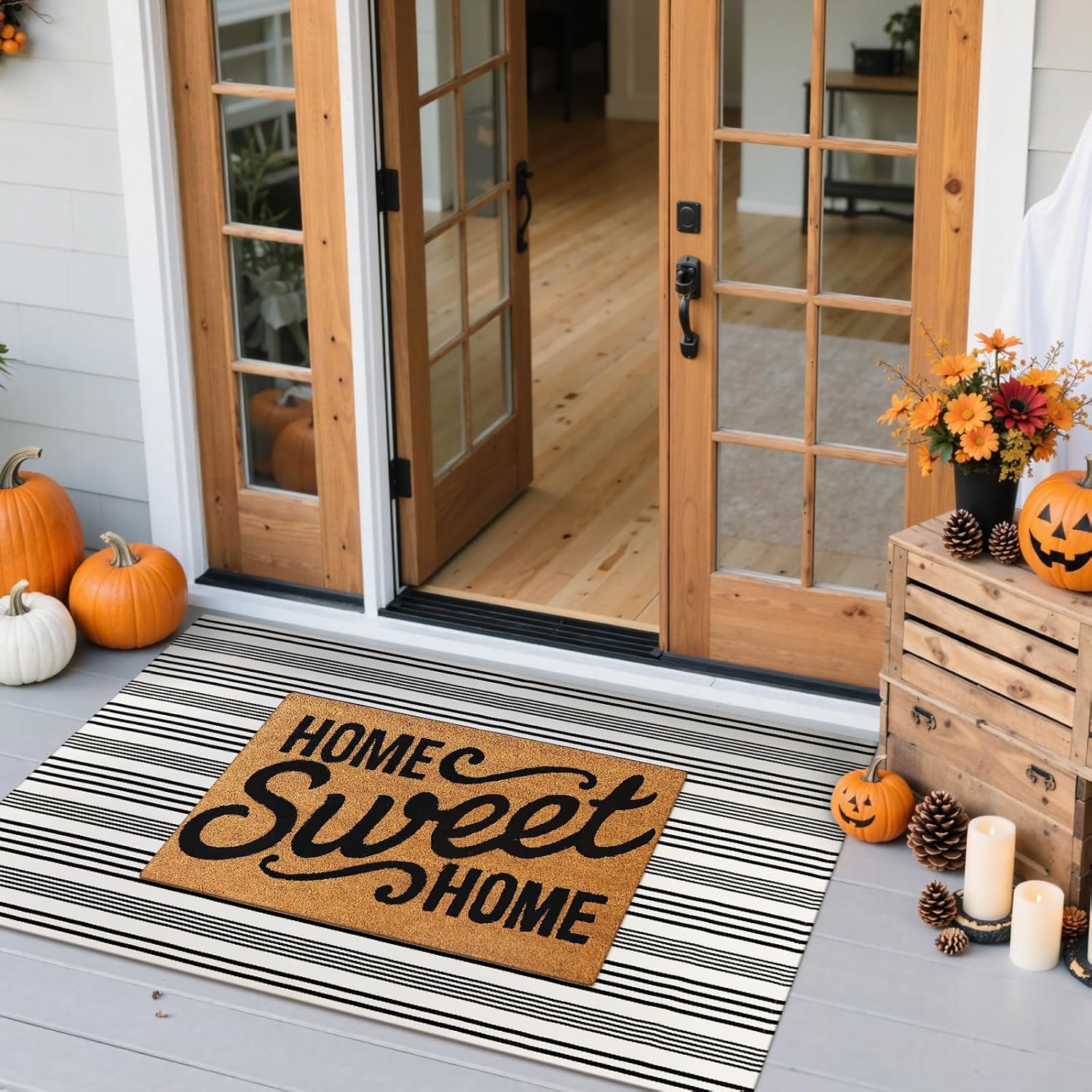 Fall Front Door Mat 2'x4.3', Cotton Washable Striped Outdoor Rug