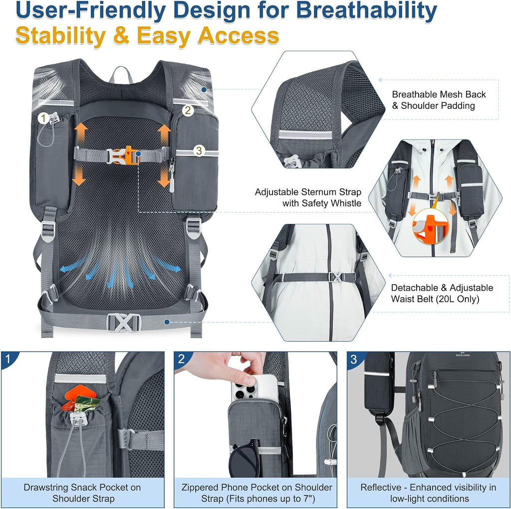 BECOJADDE Hiking Backpack 20L Small Backpack Packable Day pack Water Resistant Lightweight Travel Backpack for Women Men with Shoulder Strap Pockets for Hiking Camping Outdoor, Grey