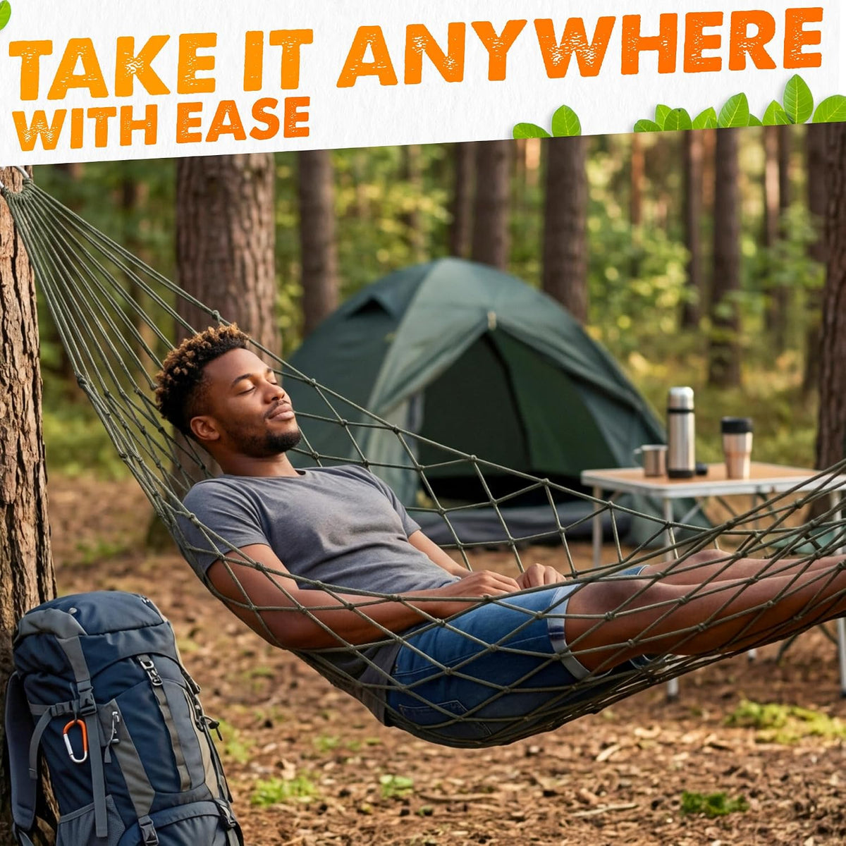 Mesh Hammock, Net Hammock for Outside Camping, 220 lb, Dark Green