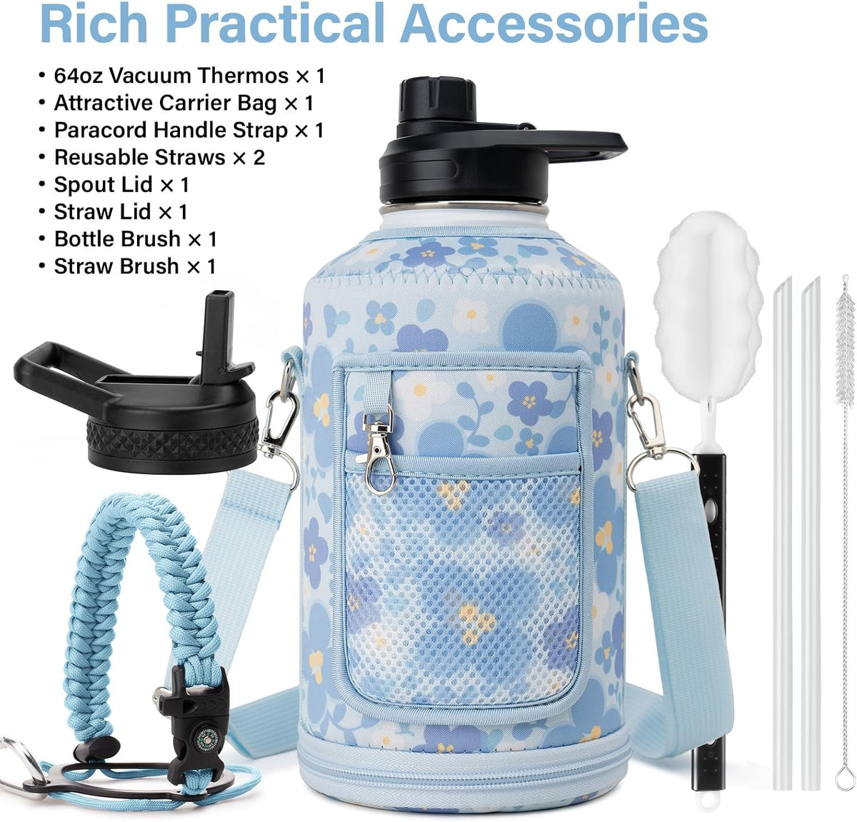 DYSANKY Insulated Water Bottle w/Straw Lid & Portable Carrier Bag, 64oz